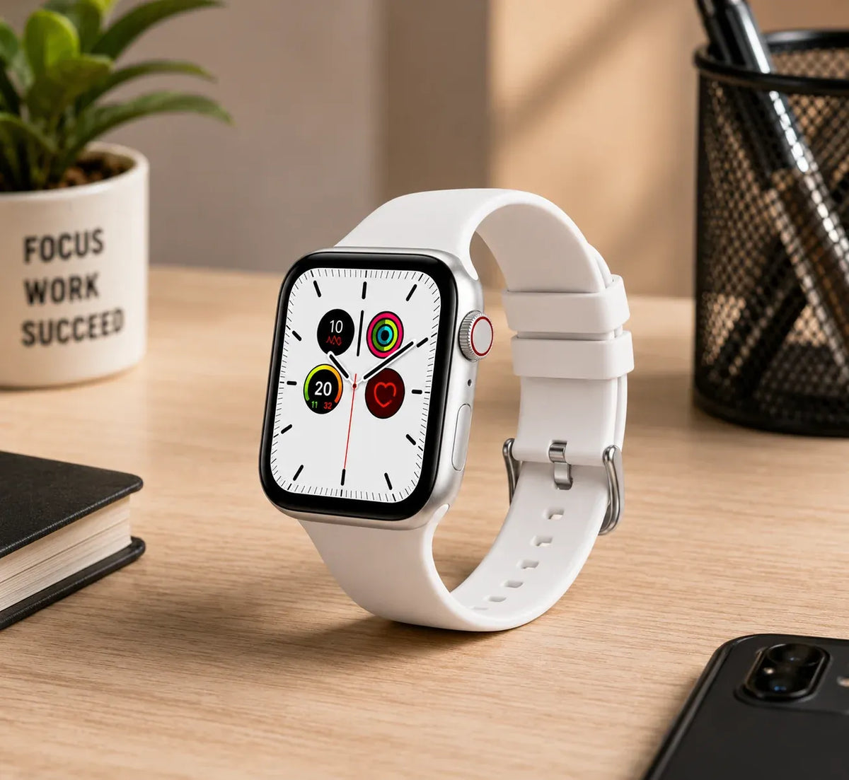 Men Smart Watch with White Silicone Strap | Square Touchscreen Fitness & Lifestyle Smartwatch