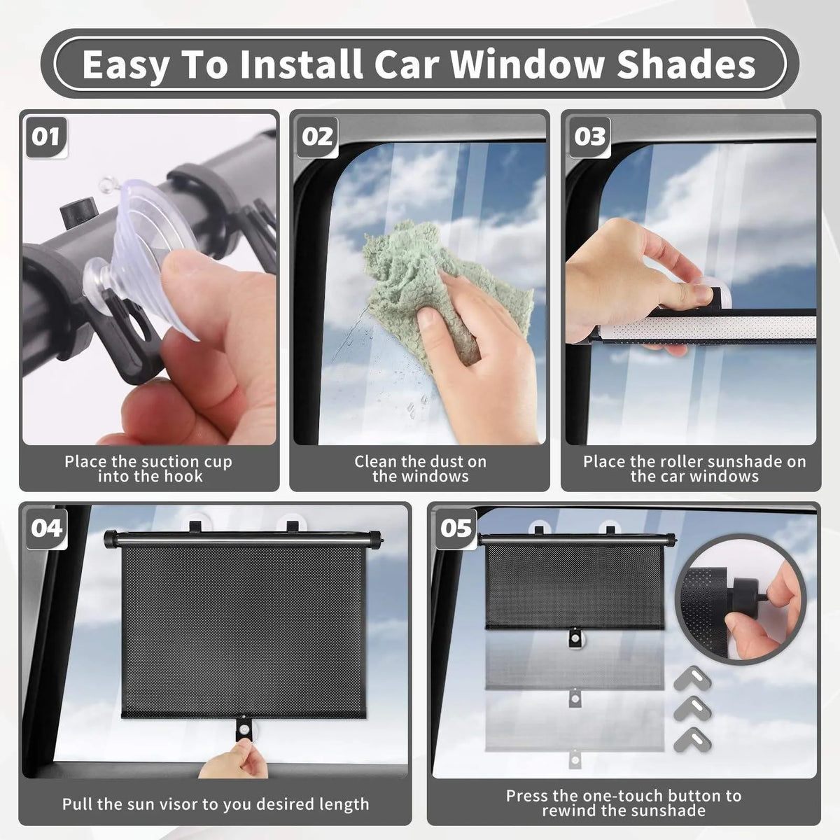 Retractable Car Window Sun Shades (2-Piece Set) | UV Protection & Privacy Roller Shade for Vehicle Side Windows