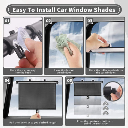 Retractable Car Window Sun Shades (2-Piece Set) | UV Protection & Privacy Roller Shade for Vehicle Side Windows