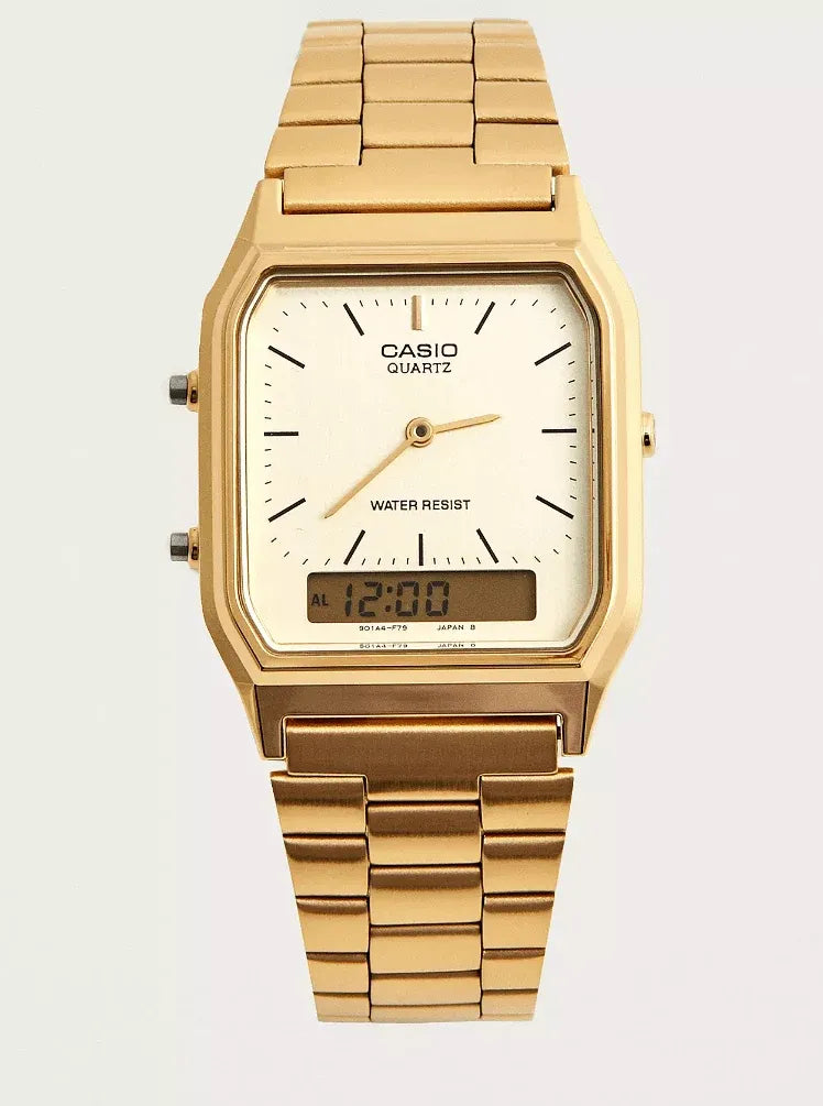 Casio Vintage Gold Watch | Retro Square Dual-Display Quartz Stainless Steel Timepiece