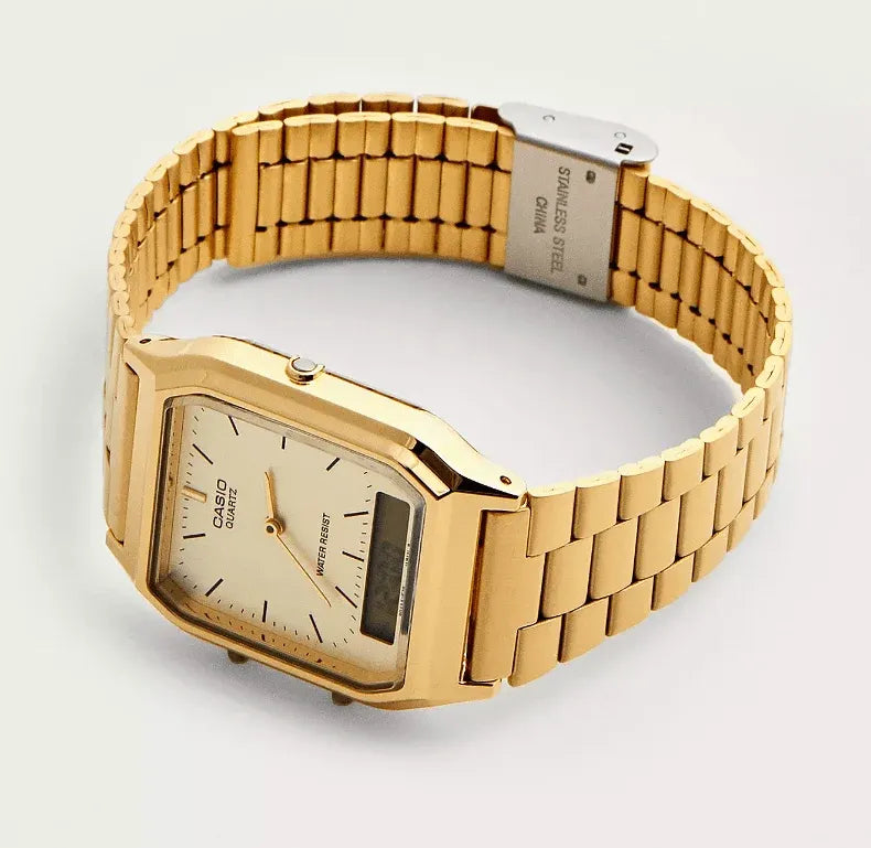 Casio Vintage Gold Watch | Retro Square Dual-Display Quartz Stainless Steel Timepiece