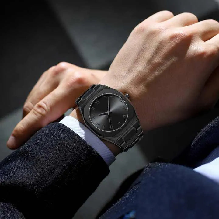 Stainless Steel Arabic Dial Watch | Matte Black Luxury Men's Timepiece
