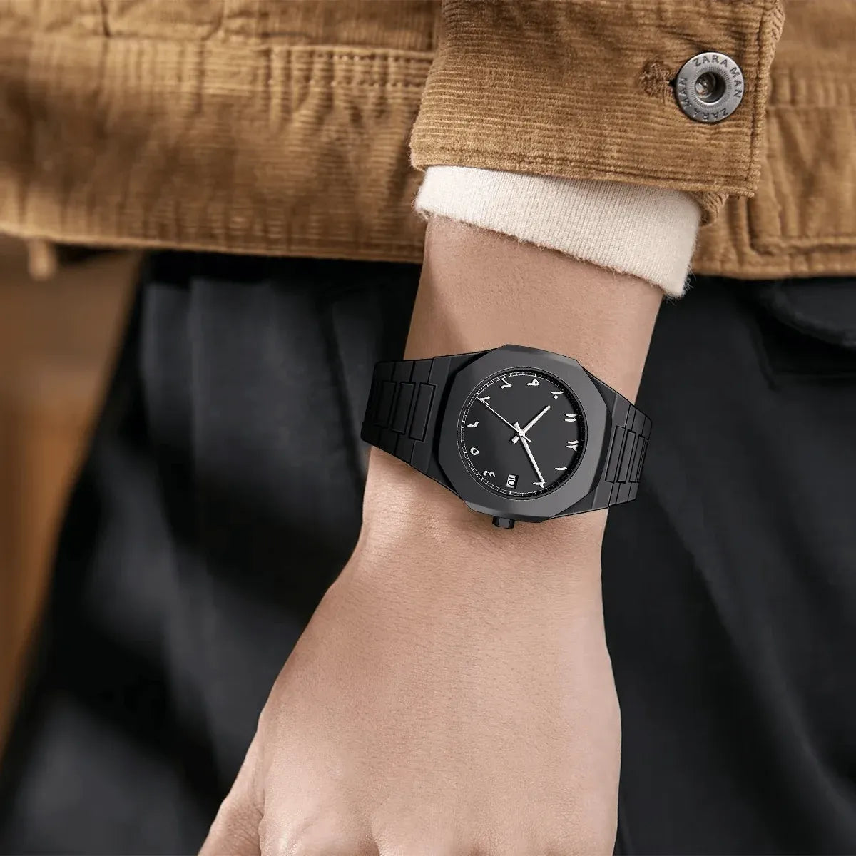 Stainless Steel Arabic Dial Watch | Matte Black Luxury Men's Timepiece